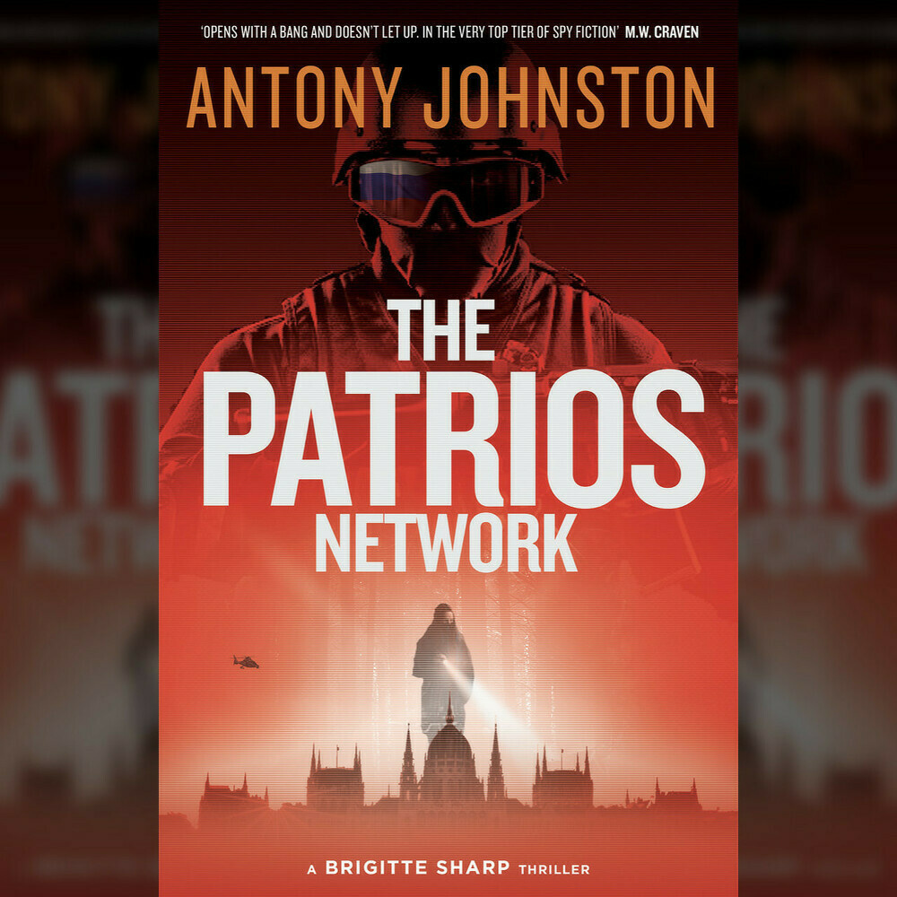 Book cover: A figure in military uniform stands over a city scape. Someone with a torch stands in siluette over the city scape which also has a helicopter flying in the sky. Everything is tinted in red. In big letters in the center: THE PATRIOS NETWORK, bottom: A Brigitte Sharp Thriller.