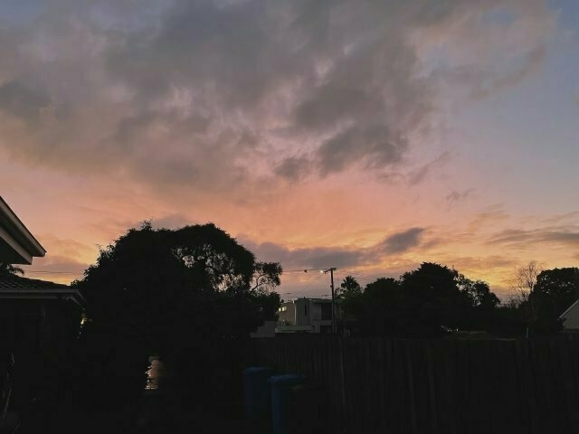 a sunset as seen from a suburban driveway, the sky a gradient of orange, pink and purple with partial cloud cover