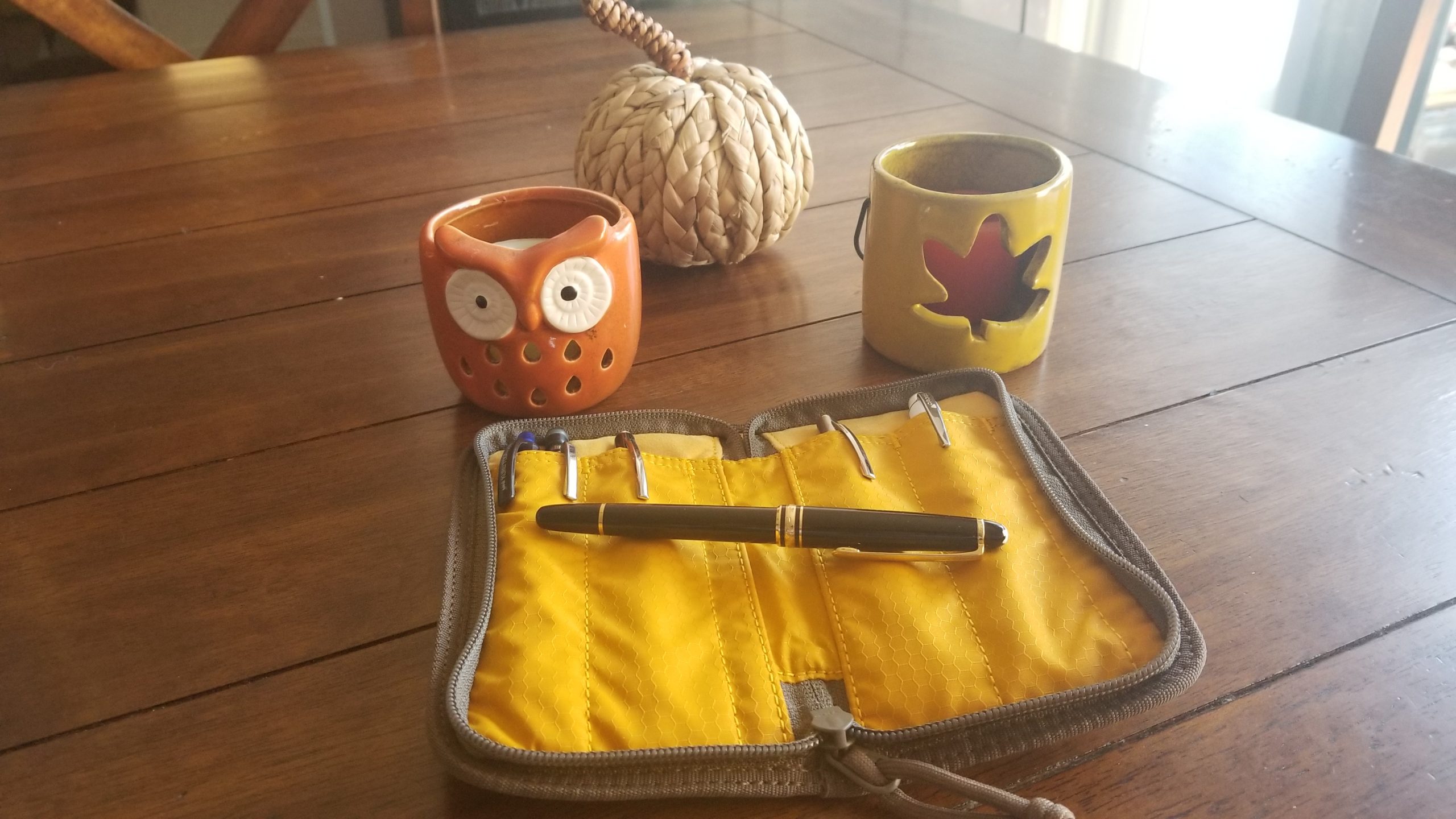 Lochby pen case with brown exterior and yellow interior with a Mont Blank fountain pen sitting on top. Owl and leaf candle holders and a decorative woven pumpkin in the background.