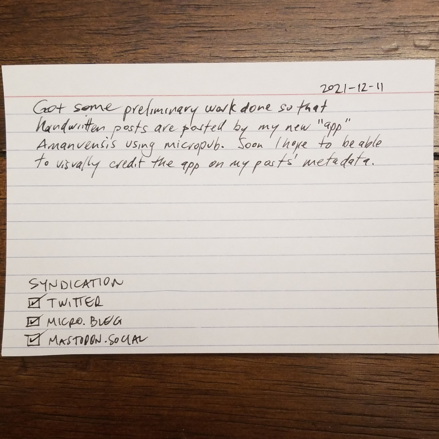 Index card with the handwritten content of the post in it.