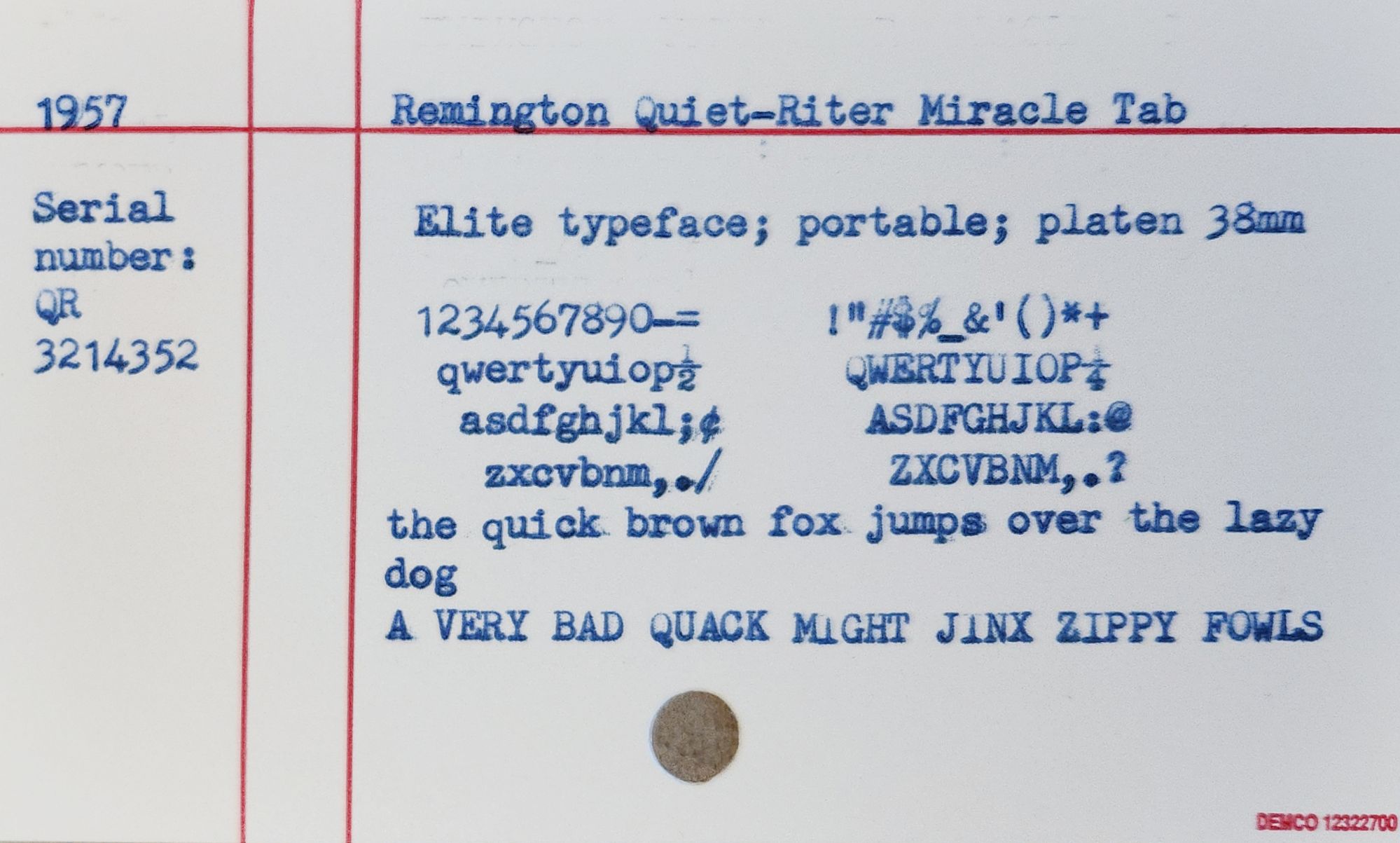 Typed library card catalog card that reads:
1957 Remington Quiet-Riter Miracle Tab 
Serial number: QR 3214352 
Elite typeface; portable; platen 38mm 
1234567890-= !