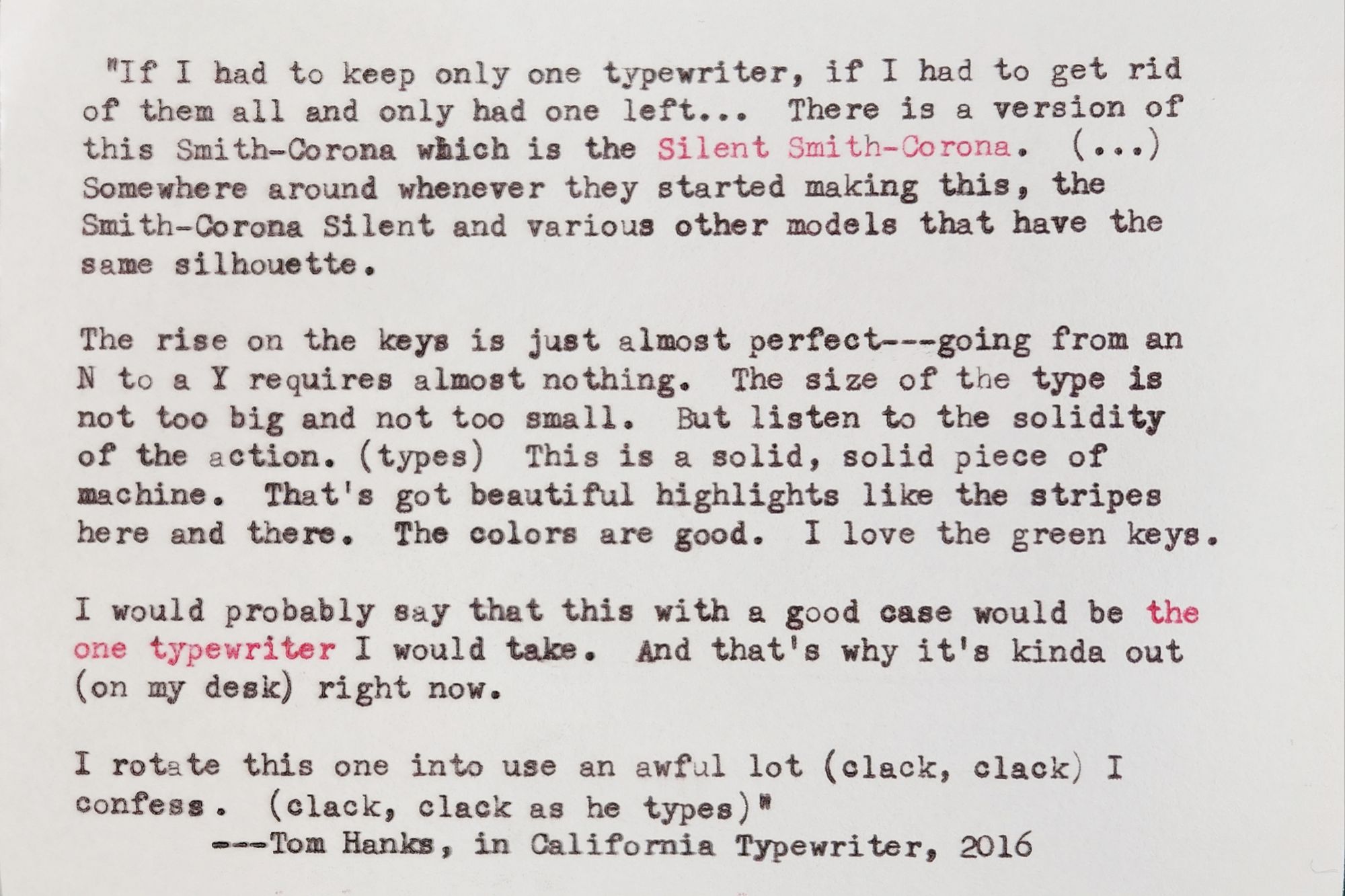 An index card typed on a Smith-Corona Silent typewriter that contains a quote which reads: 
