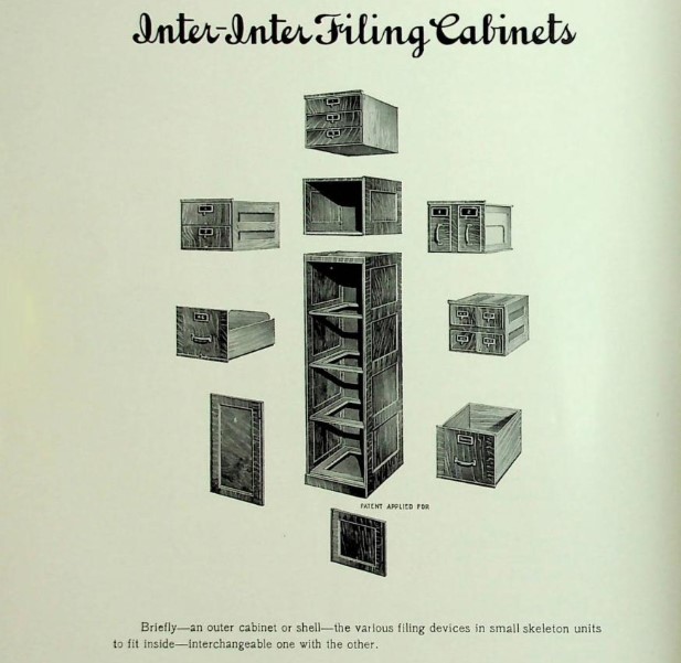 A page from the Macey catalog with a filing cabinet exterior in the center. Floating around the cabinet are nine accessory filing inserts that can be installed into the cabinet.