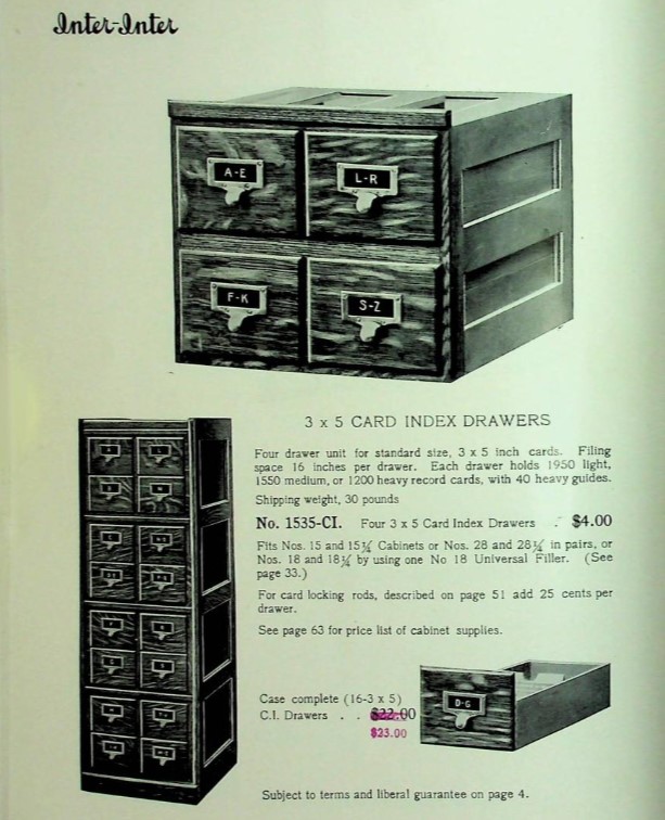 Catalog page 16 of the 1906 Catalog with an image of a 2 x 2 card index insert at the top and a picture of a full cabinet of four of these on the left hand side. Listed are descriptions of the 2 x 2 inserts along with weights, specifications and sales price.