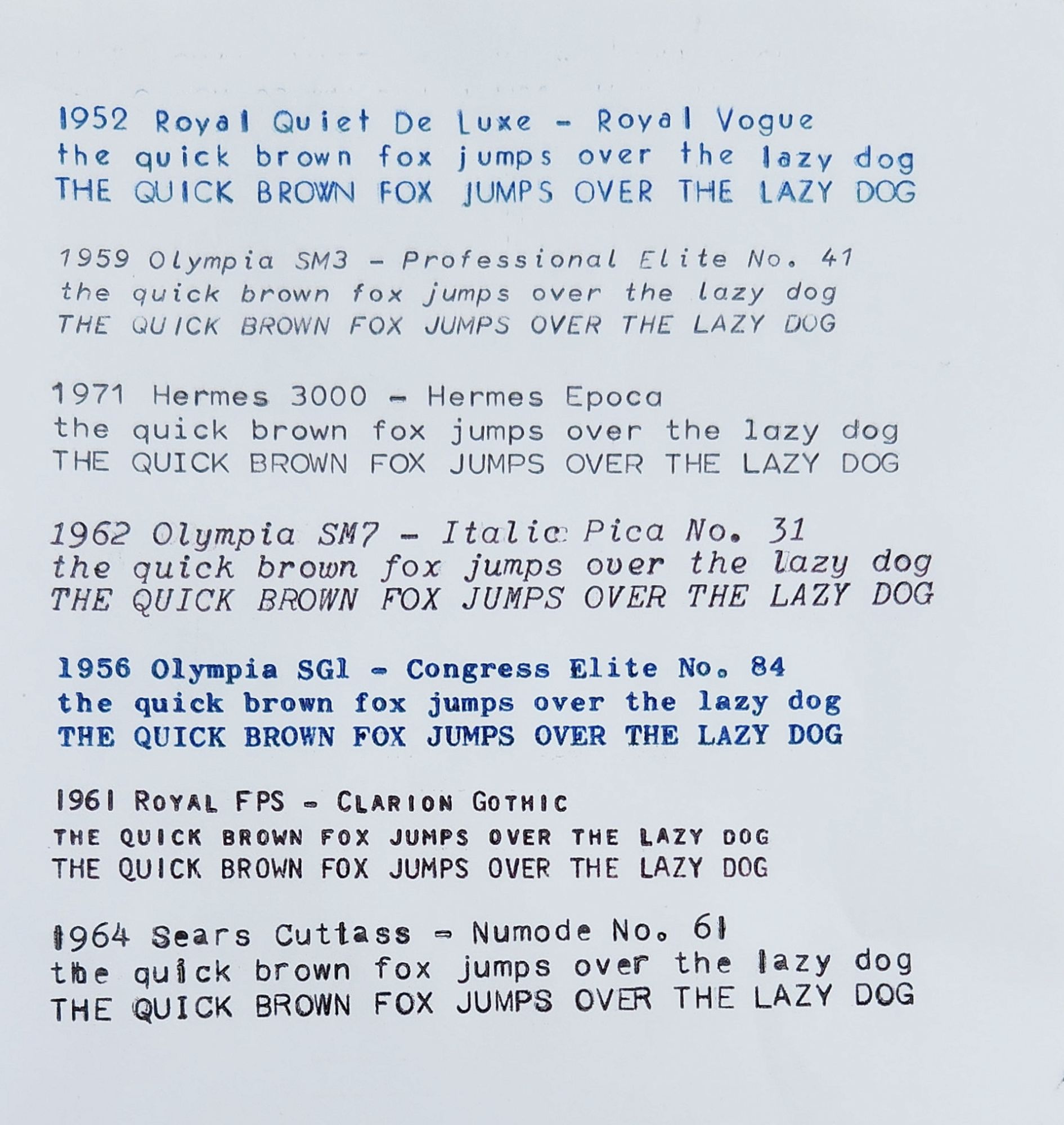 Typewriten sample of 7 typewriter typefaces on the same page including an art deco Royal Vogue, a slightly italic, san serif and smaller Professional Elite No. 41, a san serif Hermes Epoca, a serifed Italic Pica No. 31, a blocky serifed Congress Elite No. 84, a crisp, san serif Clarion Gothic, and a computer-esque, san serif Numode No. 61.