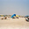 Crowded sandy beach with sunbathers in deckchairs beneath colourful umbrellas and canopies, houses visible along the shoreline