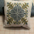 Auto-generated description: A small pillow features an intricate cross-stitched pattern in blue and green, resting on a patterned fabric.