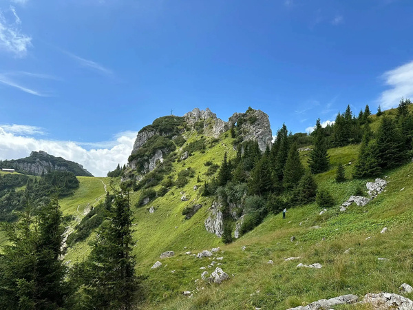 Eine malerische Berglandschaft mit grünen Hügeln, Felsen und Nadelbäumen unter einem klaren blauen Himmel.