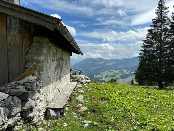 Eine rustikale Hütte steht in einer idyllischen Berglandschaft mit grüner Wiese und bewaldeten Bergen im Hintergrund.
