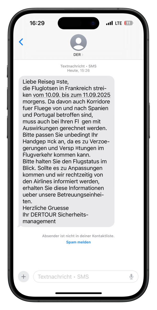 Eine Textnachricht informiert über Fluglotsenstreiks in Frankreich vom 10. bis 11. September 2025 und empfiehlt, den Handgepäckempfang zu überprüfen.