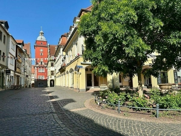 Eine gepflasterte Straße in der Altstadt von Gotha mit bunten Häusern, und dem historischen Rathaus und einem Baum im Vordergrund.