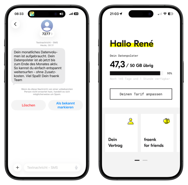 Zwei Smartphone-Bildschirme zeigen eine Textnachricht über aufgebrauchtes Datenvolumen und eine App-Oberfläche mit Informationen zum verbleibenden Datenvolumen.