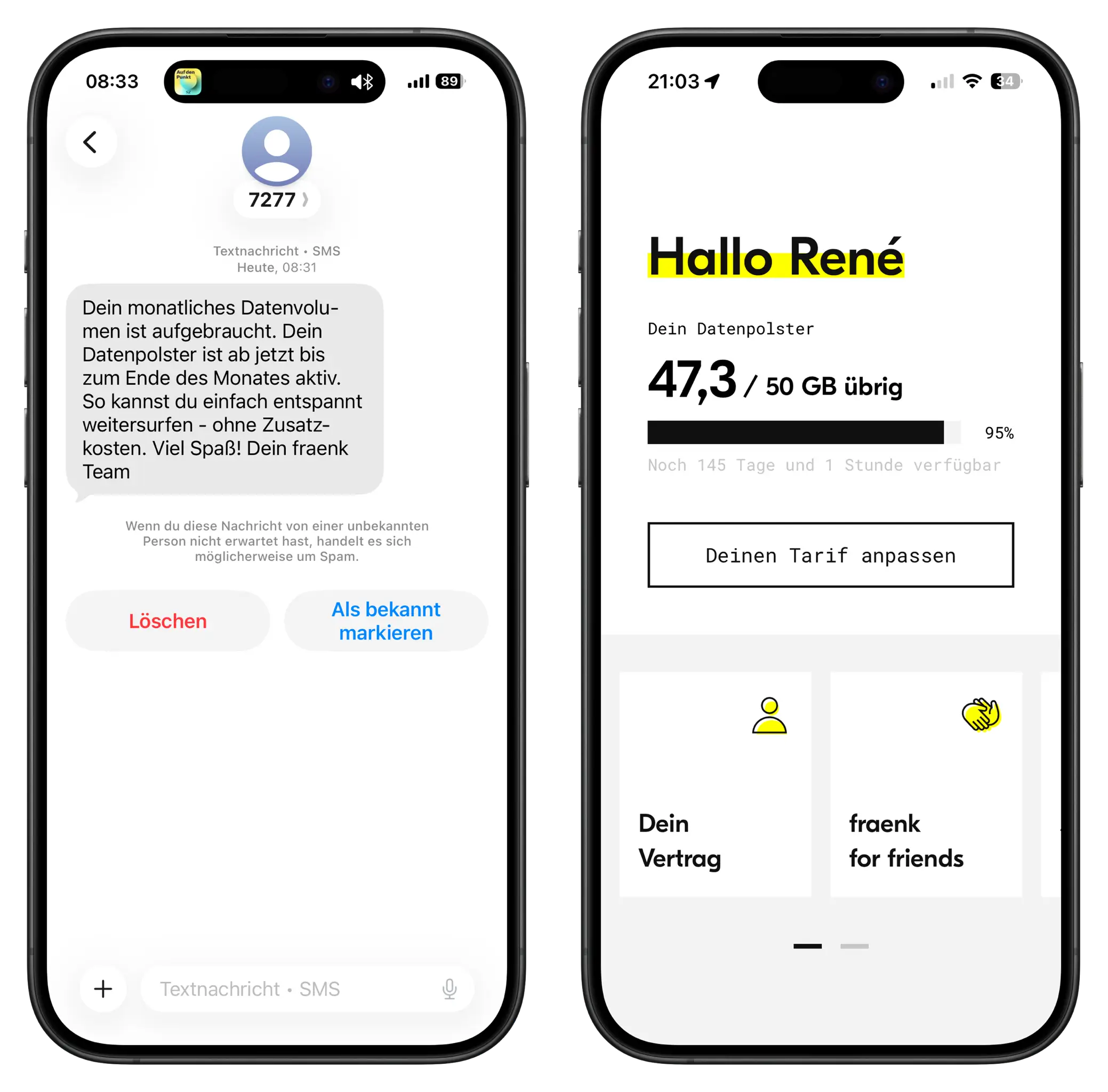 Zwei Handy-Bildschirme zeigen eine SMS-Benachrichtigung über aufgebrauchtes Datenvolumen und eine App mit verbleibendem Datenvolumen.