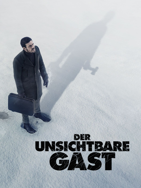 Ein Mann steht auf verschneitem Boden mit einem Aktenkoffer und wirft einen Schatten, der eine andere Gestalt zeigt, begleitet vom Titel Der Unsichtbare Gast.