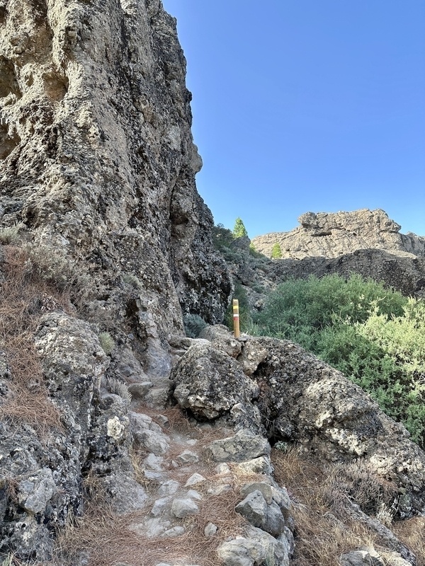 Ein schmaler Wanderweg führt zwischen felsigen Klippen und grünem Gebüsch unter einem klaren blauen Himmel hindurch.