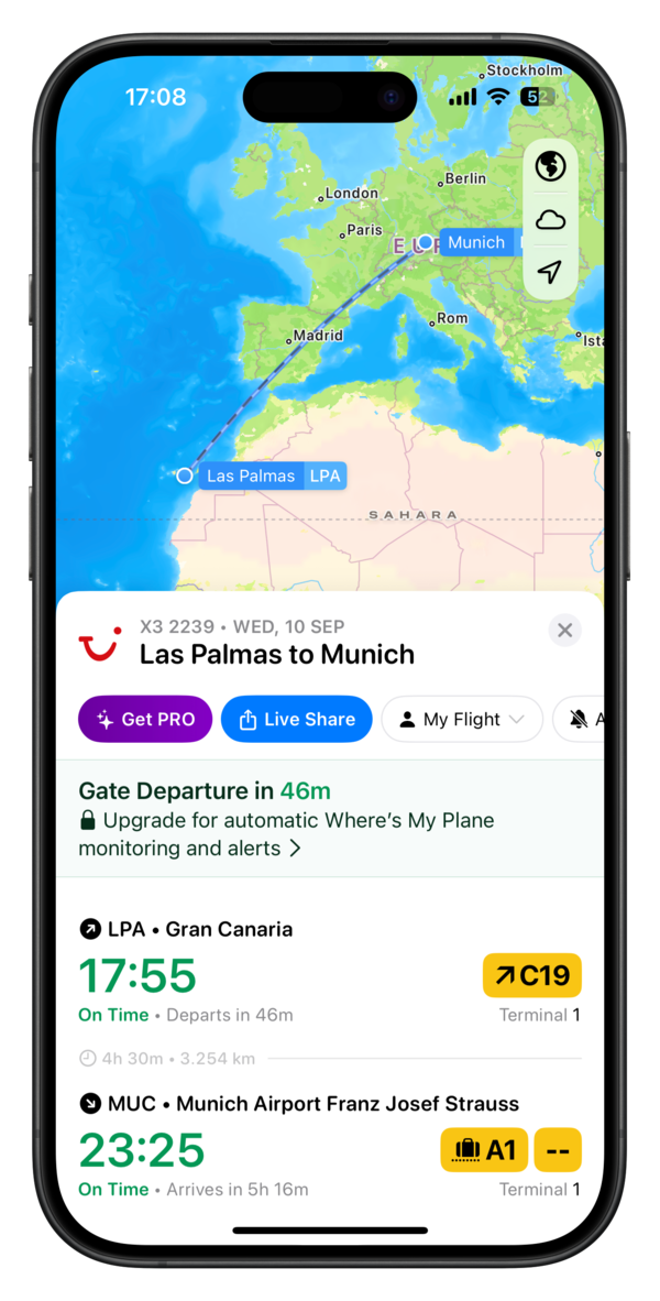 Eine Fluginfo-App zeigt Details zum Flug X3 2239 von Las Palmas nach München, einschließlich Abflugzeit, Ankunftszeit und Terminalinformationen.