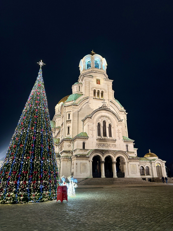 Ein festlich beleuchteter Weihnachtsbaum steht neben einer großen beleuchteten Kathedrale in Sofia bei Nacht.