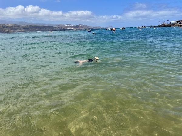 Eine Person taucht im klaren, türkisfarbenen Wasser am Playa de las Canteras, während Boote in der Ferne zu sehen sind.