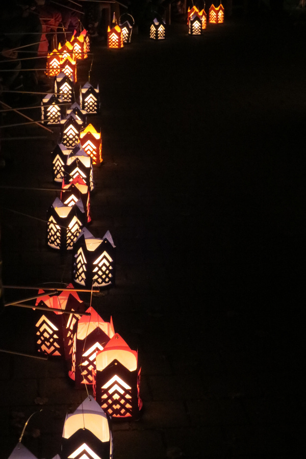 Auf einem dunklen Weg stehen zahlreiche beleuchtete Laternen an St. Martin in einer Reihe.