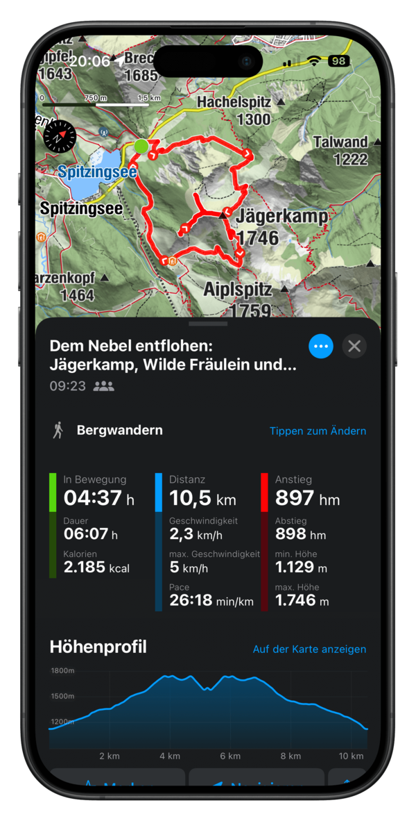 Bergfex-App zeigt eine Route über Jägerkamp, Wilde Fräulein und Benzingspitze, mit Details zu Entfernung, Höhenmeter und Wegzeit.