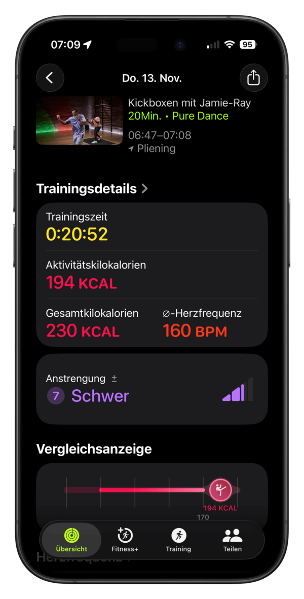 Ein Fitness-Tracking-Bildschirm zeigt Daten einer Kickbox-Einheit, einschließlich Trainingszeit, verbrauchter Kalorien und Herzfrequenz.