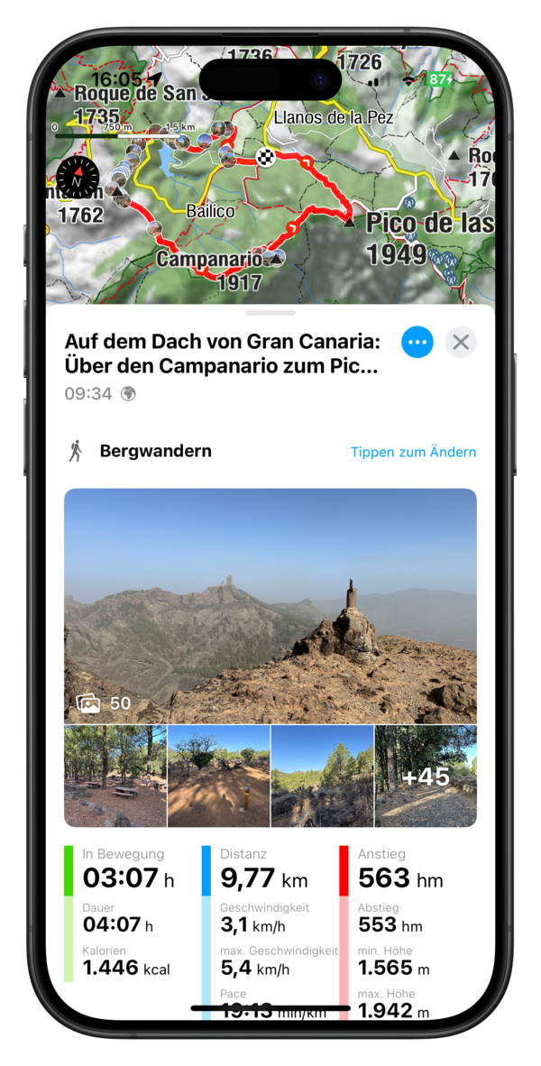 Eine Handy-App zeigt eine Wanderroute auf Gran Canaria mit Details zu Distanz, Dauer und Höhenprofil sowie Bildern der Landschaft.
