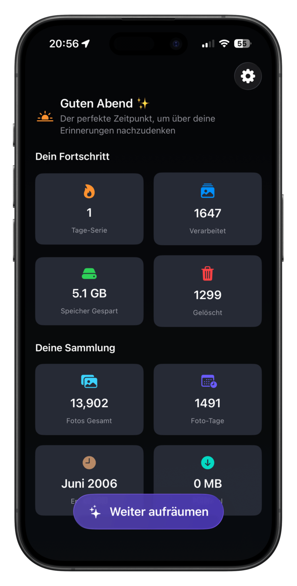 Eine Smartphone-App zeigt Statistiken über den Speicher- und Foto-Management-Fortschritt an, einschließlich verarbeiteter, gesparter und gelöschter Daten.