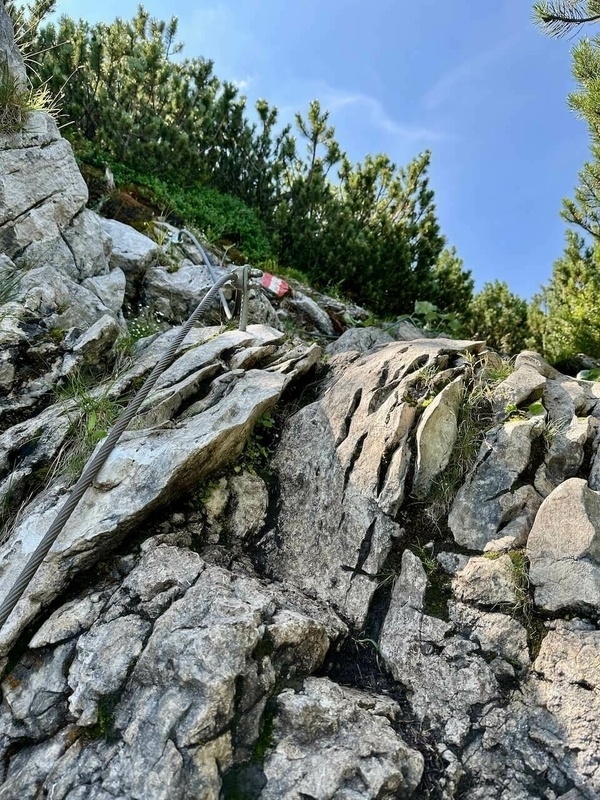 Ein felsiger Bergpfad ist mit einem Stahlseil für Wanderer gesichert, umgeben von grünen Büschen und Nadelbäumen unter blauem Himmel.