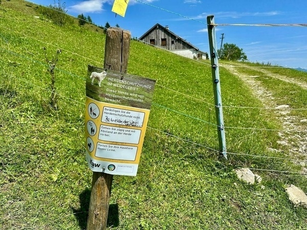 Ein Schild auf einem grünen Hügel warnt vor Herdenschutzhunden und gibt Verhaltensregeln für Wanderer an; im Hintergrund ist ein Haus zu sehen.