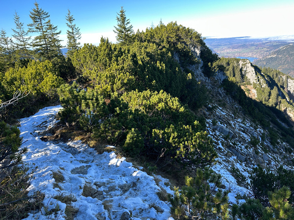 Ein teilweise schneebedeckter Wanderweg führt durch eine bewaldete Berglandschaft mit Blick auf ein Tal in der Ferne.