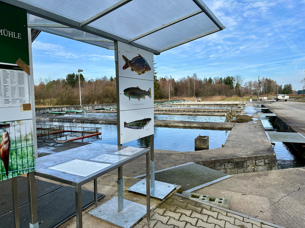 Der Fischerei Köppelmühle mit Informationstafeln und Wasserbecken in einer ländlichen Umgebung.