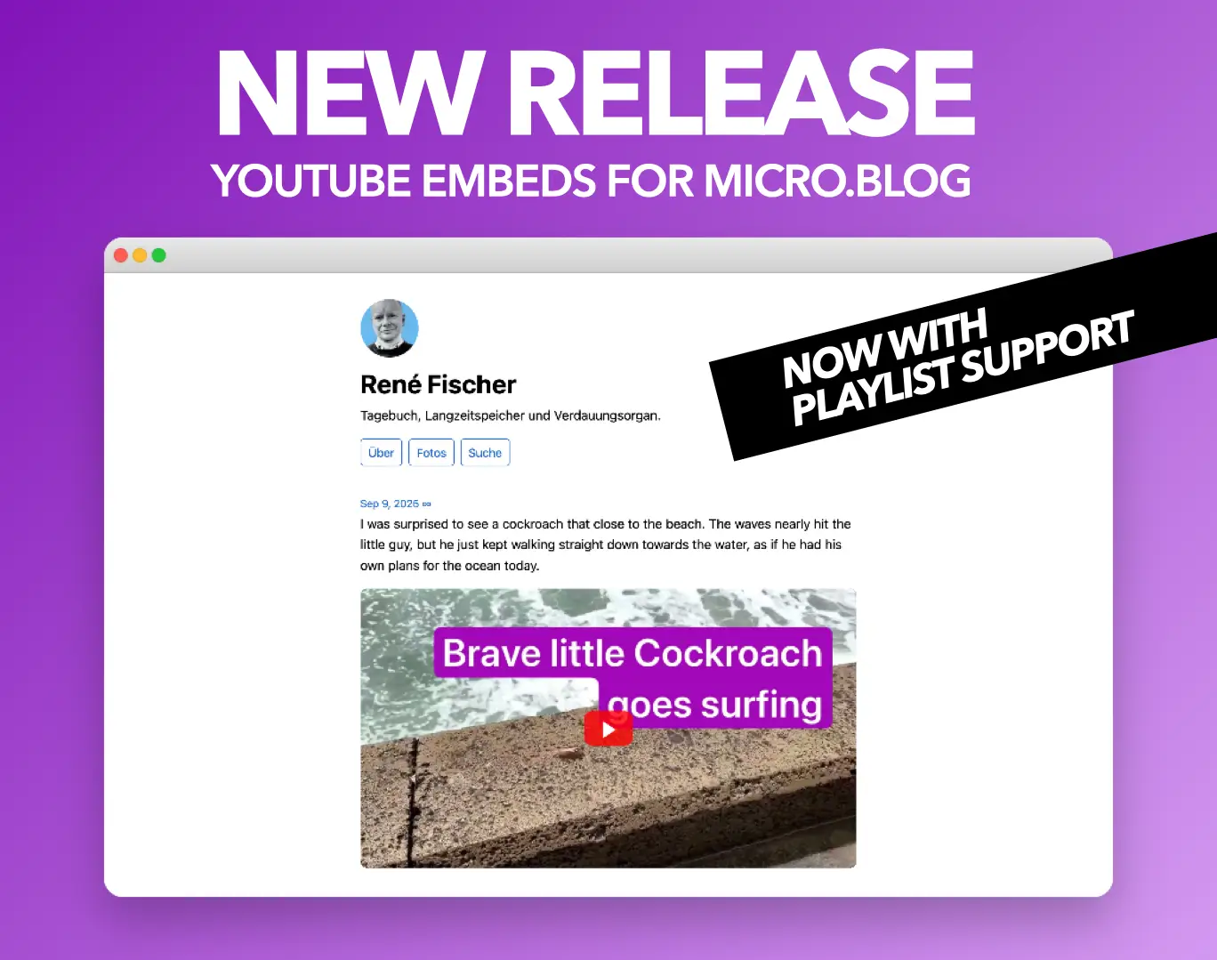 Jetzt mit Playlist-Unterstützung: Neue Veröffentlichung von YouTube-Einbettungen für Micro.blog.