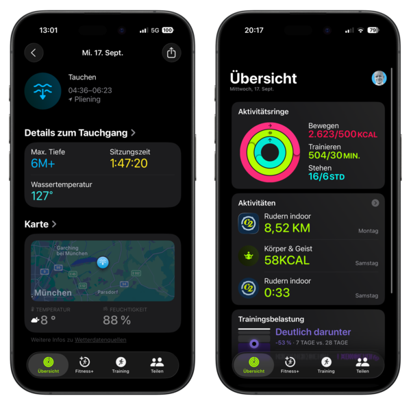 Zwei Smartphone-Displays zeigen Fitness- und Tauchdaten einschließlich Aktivitätsringen, einer Karte und Details zu Tauchgängen.