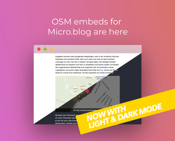 Jetzt mit hellem und dunklem Modus zeigt eine Veröffentlichung von OpenStreetMap-Einbettungen für Micro.blog auf einem türkisfarbenen Hintergrund.