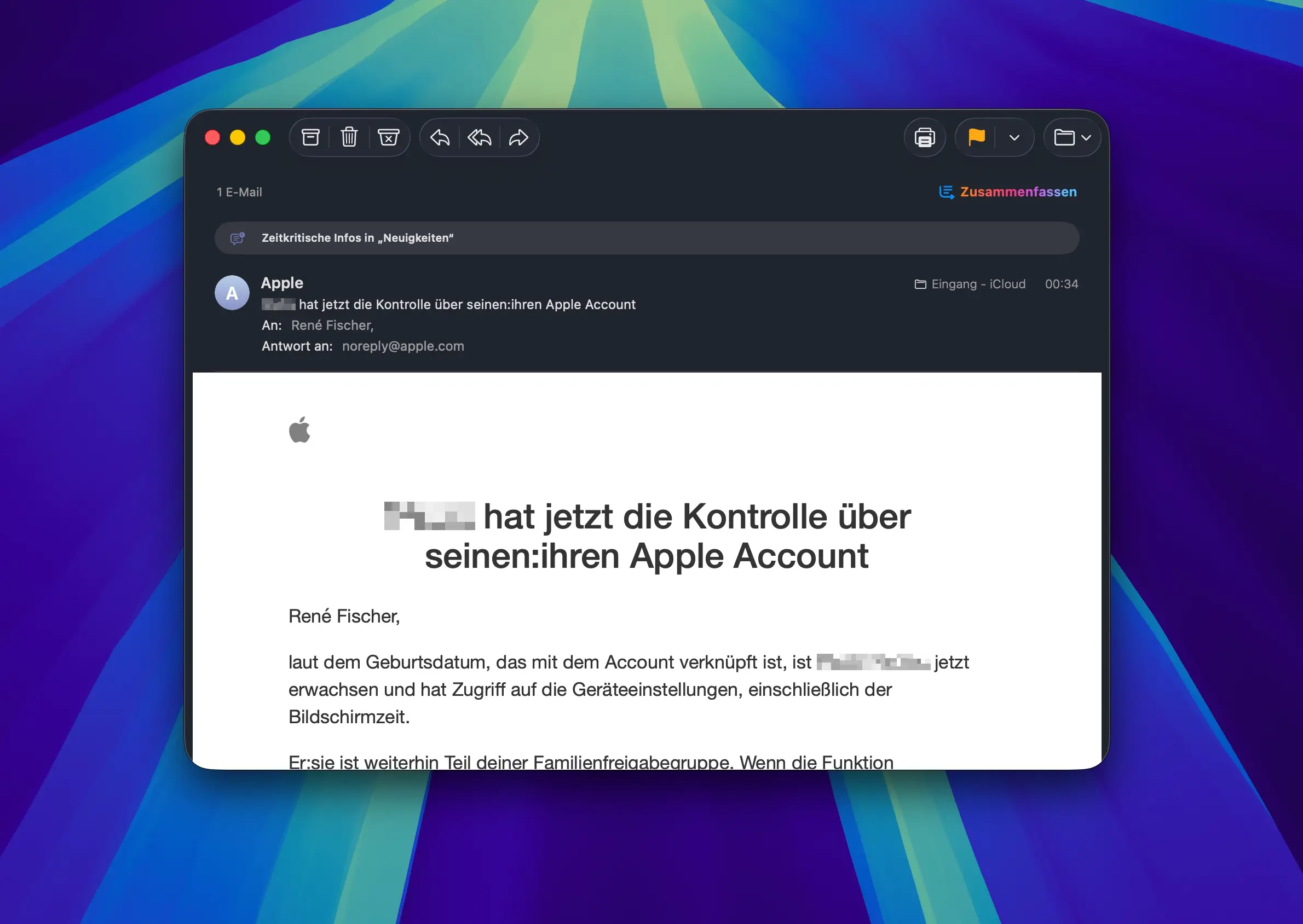 Eine E-Mail von Apple informiert darüber, dass jemand die Kontrolle über seinen/ihren Apple Account übernommen hat.