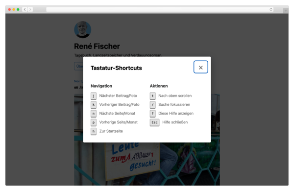 Ein Bildschirm zeigt Tastatur-Shortcuts für Navigation und Aktionen für die Webseite fischr.org, in einem Browserfenster.