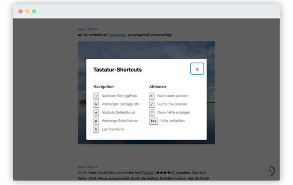 Ein Bildschirm zeigt Tastatur-Shortcuts für Navigation und Aktionen für die Webseite fischr.org, in einem Browserfenster.
