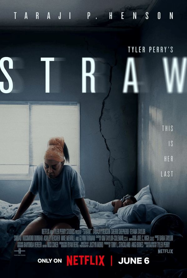 Eine Frau sitzt auf einem Bett in einem beschädigten Raum, während im Hintergrund der Titel Straw und Informationen zu einem Netflix-Film angezeigt werden.