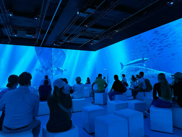 Eine Gruppe von Menschen sitzt auf weißen Würfeln und schaut sich eine immersive Unterwasserprojektion in der Titanic-Ausstellung mit Fischen an.