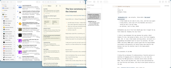 A macOS desktop displays multiple overlapping windows, including a NetNewsWire, Bear, and Ulysses.