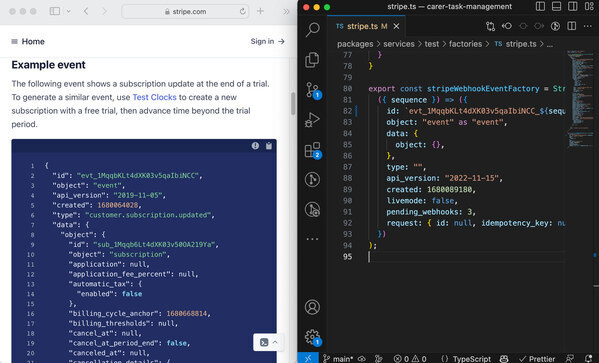 Full-height windows showing Stripe documentation and VScode writing Stripe implementation code
