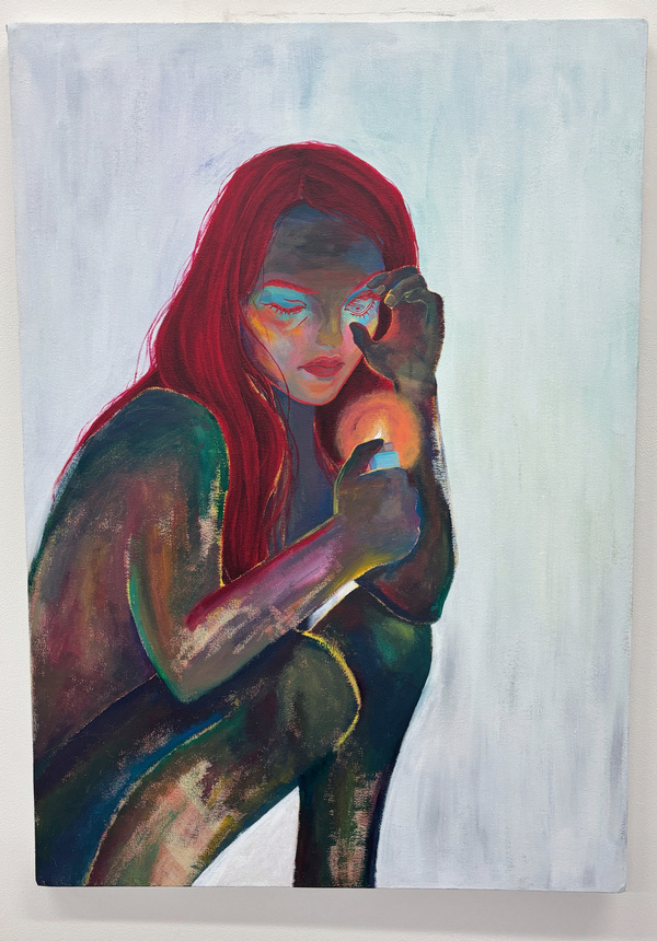 Auto-generated description: A colorful painting depicts a person with red hair striking a match, surrounded by vibrant and expressive brushstrokes.