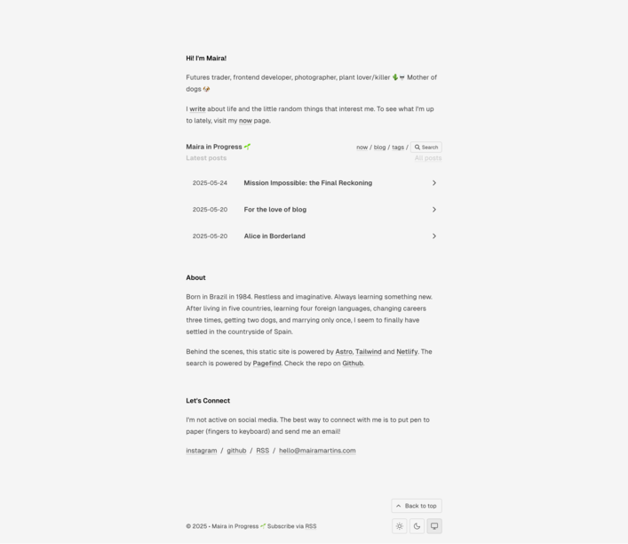 A simple light grey website with black text, showing a blog section, a small about section and no images.