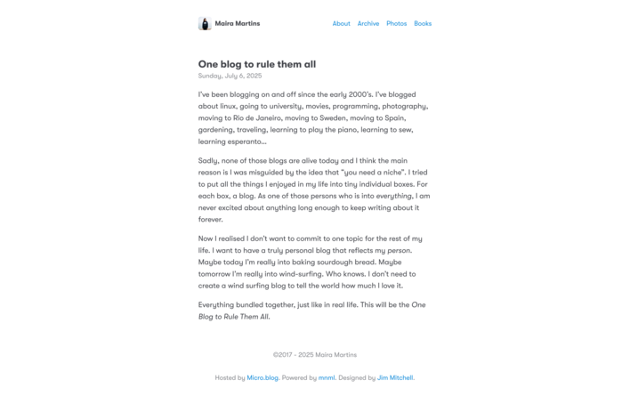 A blog post with the title One Blog to Rule Them All. The page is very clean, white with black text and links in blue.