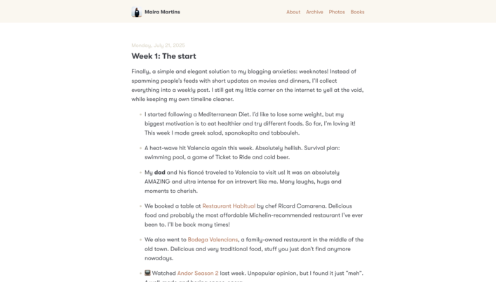 A website that is mostly white, with a beige header and brown links. In the center, a blog post titled Week 1 The Start.