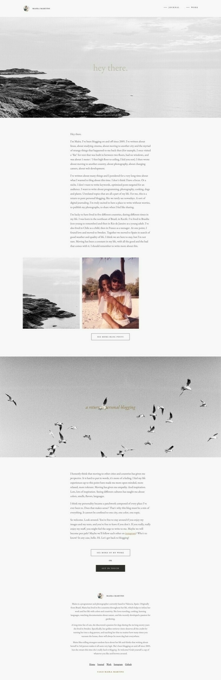 A minimalist website with white background and center text in black. At the top of the page there is a large black and white image of a large rock in the sea, with the text Hey aligned over the image. Towards the middle of the page, there is a large black and white image of a flock of birds against the sky.