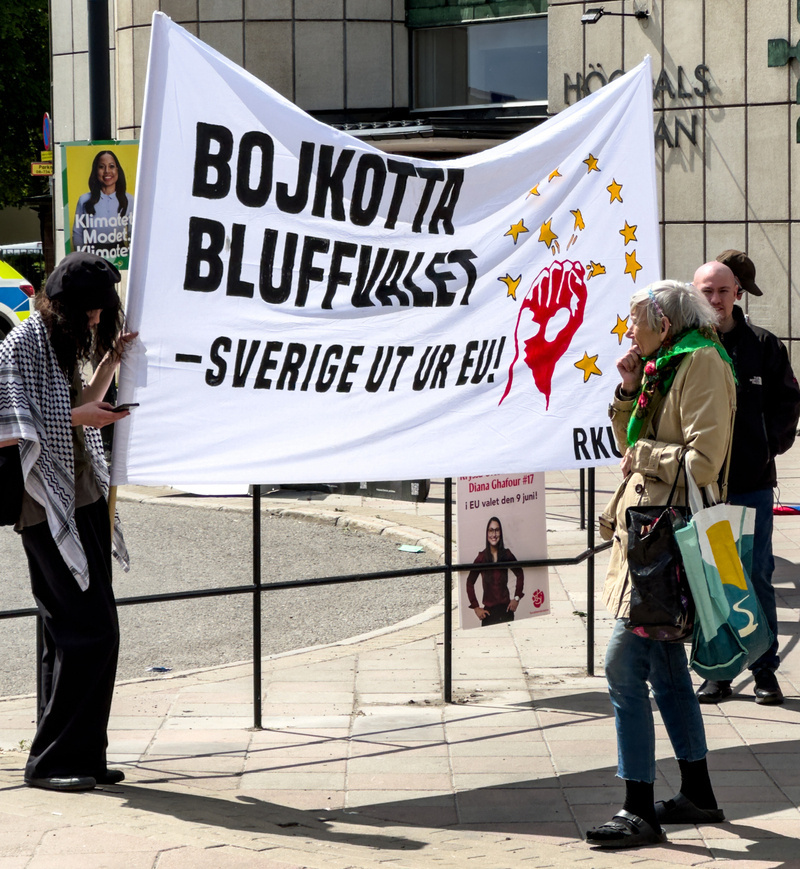 A group of people stand around a large banner with text that translates to &ldquo;Boycott the Bluff EU – Sweden out of the EU!"