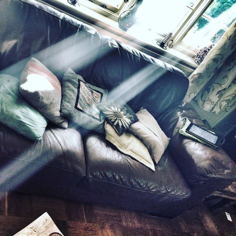 A leather couch with several decorative pillows is illuminated by sunlight streaming through nearby windows.