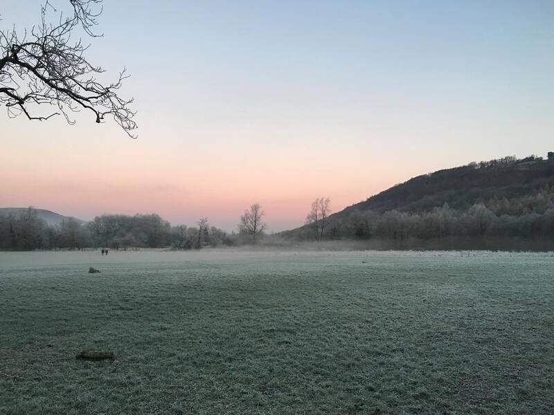 A frosty field stretches out under a pastel-colored sky with trees and hills in the background.