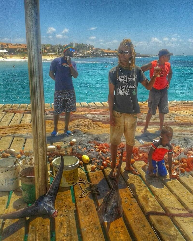 Four people, including a child, are standing on a wooden dock near the water with large fish and various items around them.